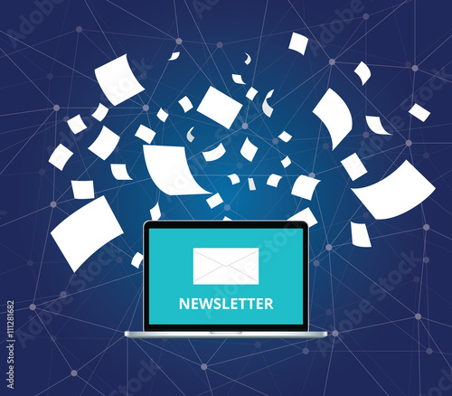 newsletter with letter and laptop notebook and paper flying as background vector graphic illustration