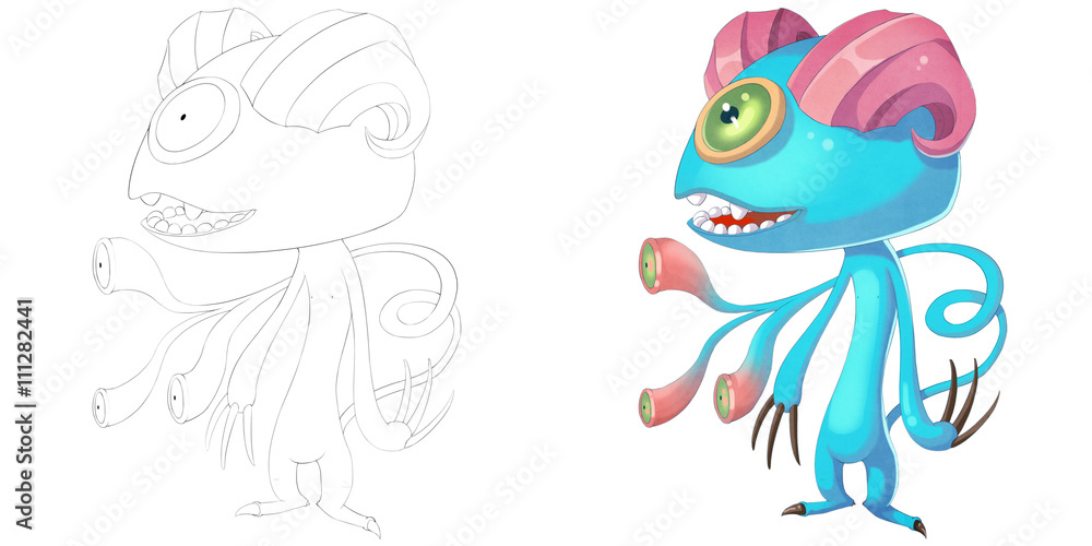 Coloring Book and Monster Creature Character Design Set 18: Double Horn Sheep Demon Monster isolated on White Background.Realistic Fantastic Cartoon Style Character Design Story Card Sticker Design