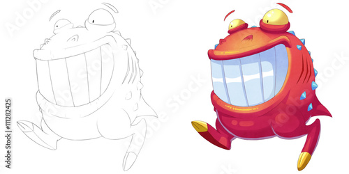 Coloring Book and Monster Creature Character Design Set 16: Happy Red Ball Big Mouth Monster isolated on White Background.Realistic Fantastic Cartoon Style Character Design, Story, Card Sticker Design