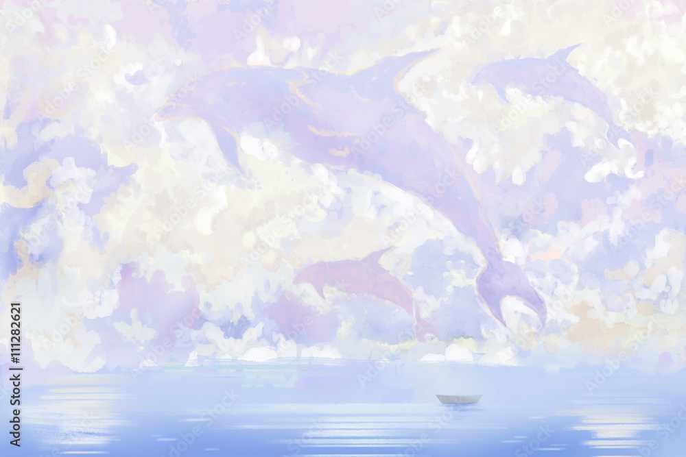 Watercolor Style Digital Artwork: Flying Whale And Small Boat. Realistic Fantastic Cartoon Style Character, Background, Wallpaper, Story, Card Design
