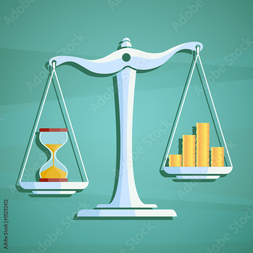 Scales with a heap gold coins and hourglass. Stock vector illust