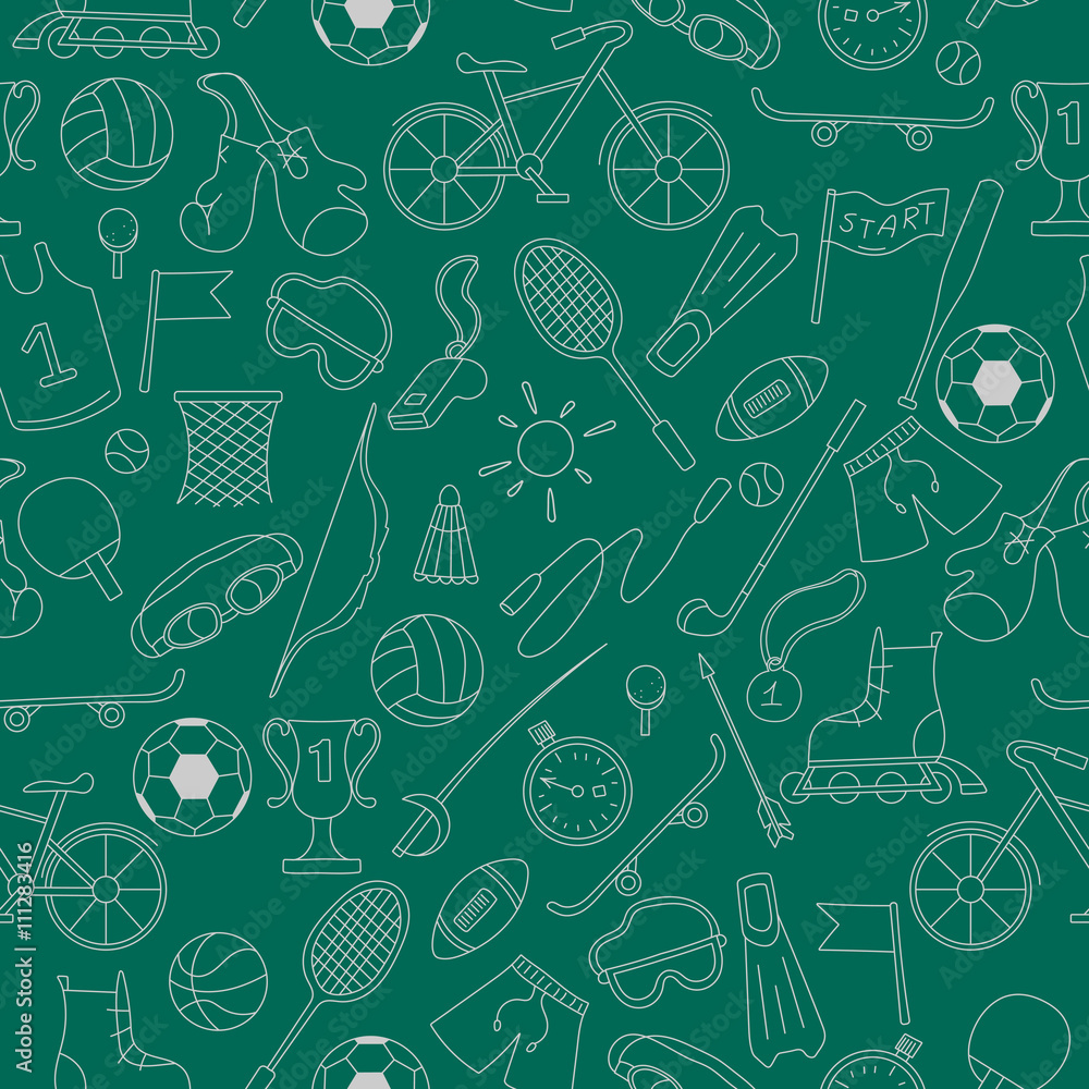 Seamless pattern on the theme of summer sports, simple icons light outline  on a green background Stock Vector | Adobe Stock