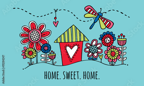 Home Sweet Home Hand Drawn Vector Illustration on Aqua Background