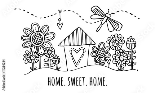 Home Sweet Home Hand Drawn Vector Illustration Black and White