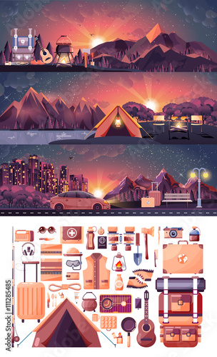 set of night landscape, mountains, sunset, travel, hiking, nature, tent, campfire, pot, big tourist backpack, camping, car, city nightlife, bench, luggage, tour in flat style