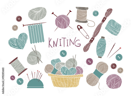 Hand drawn vector vintage illustration - Set of knitting and crafts. basket with threads, needles, needle holders, scissors. Hand made, hobby photo