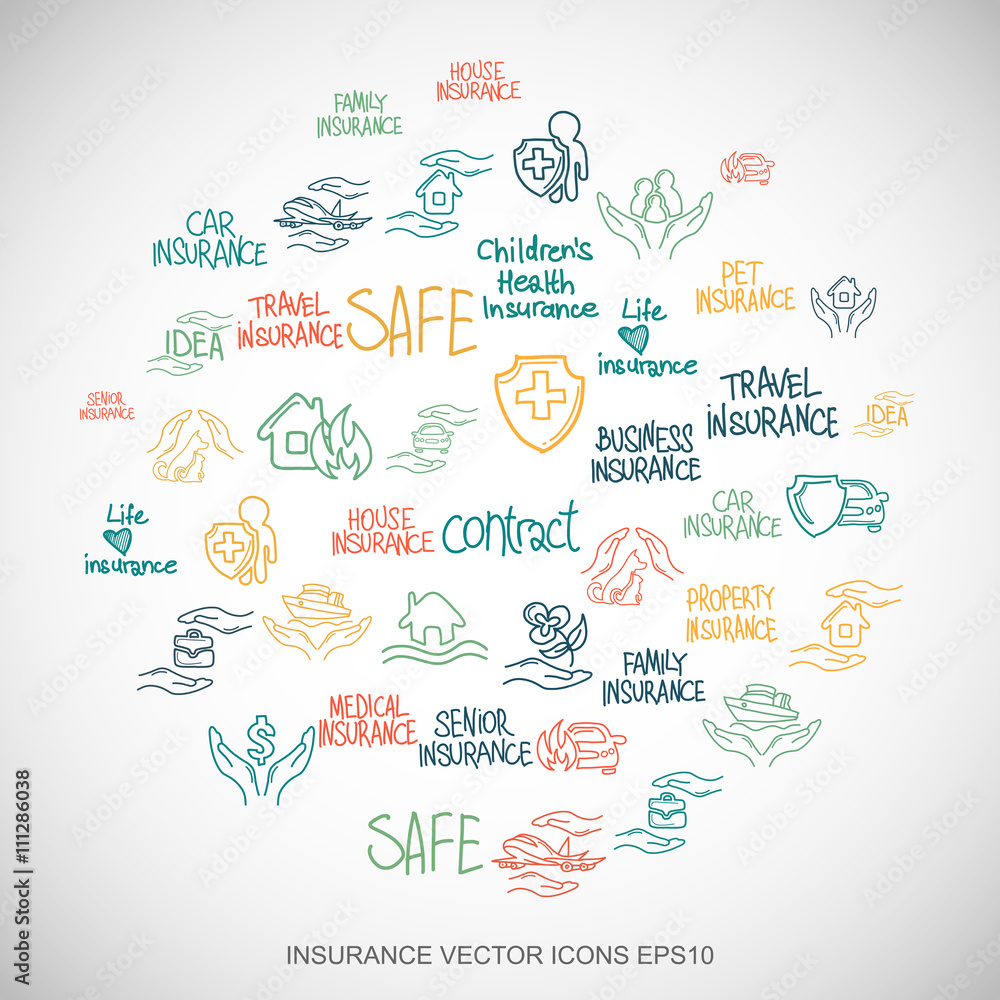 Multicolor doodles Hand Drawn Insurance Icons set on White. EPS10 vector illustration. Multicolor doodles Hand Drawn Insurance Icons set on White. EPS10 vector illustration.