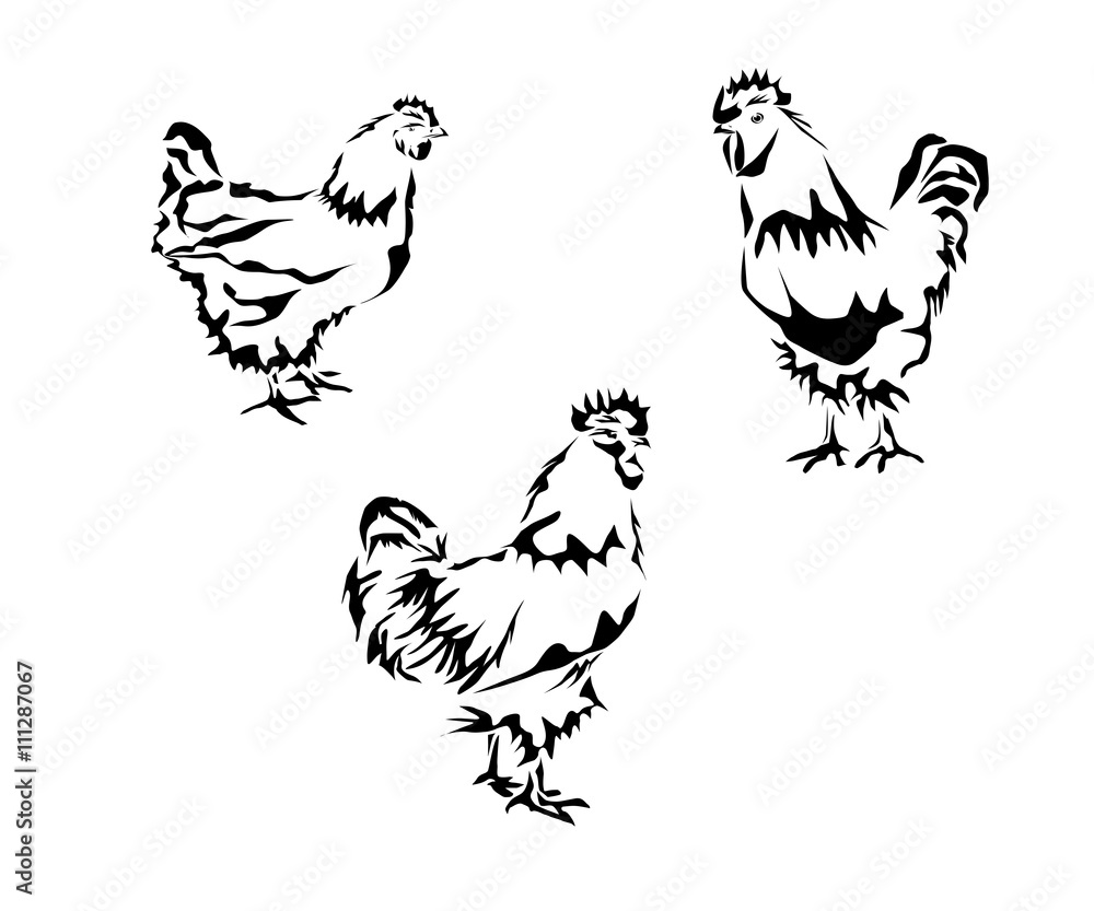 Vector silhouette of a chicken and a rooster. Tattoo Stock Vector
