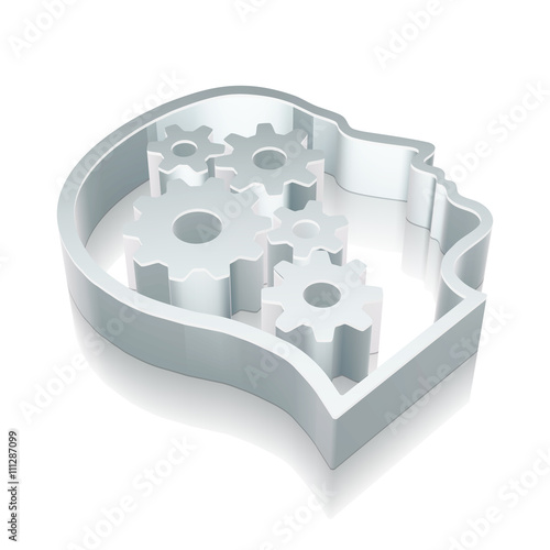 Education icon: 3d metallic Head With Gears with reflection, vector illustration.