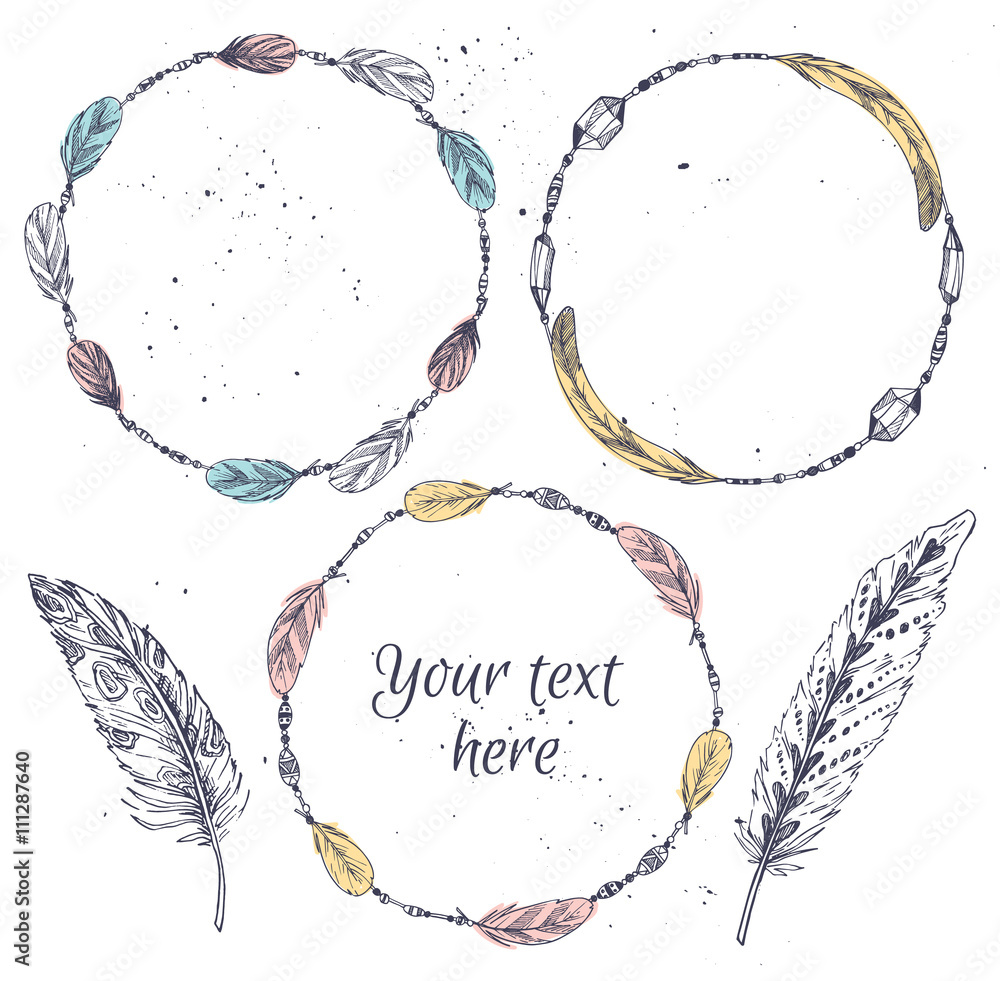 Hand drawn illustration - Frames with feathers. Tribal design el Stock ...