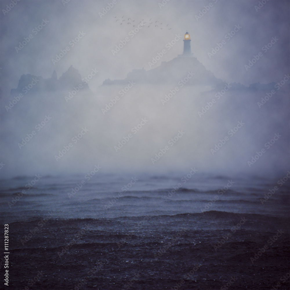 lighthouse in the fog - obrazy, fototapety, plakaty 