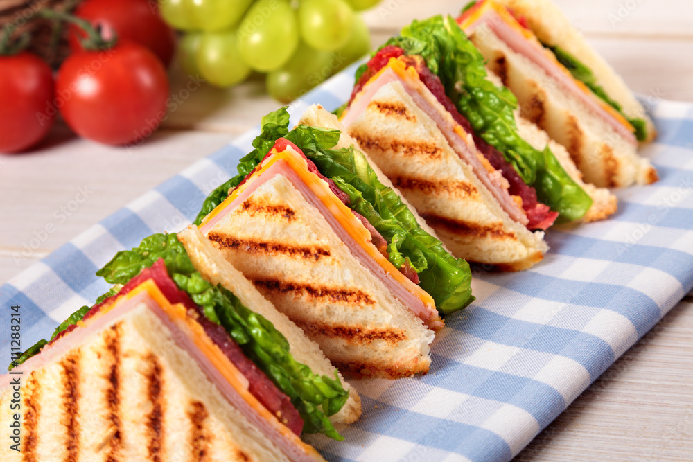 Picnic club sandwich ham and cheese in a row