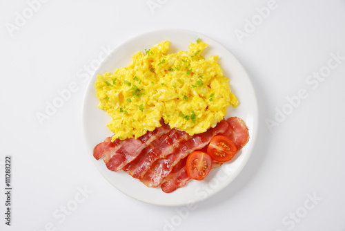 scrambled eggs and pan fried bacon