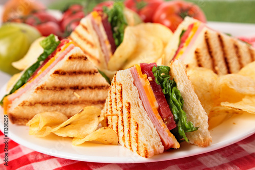 Summer picnic club sandwich ham and cheese, close up