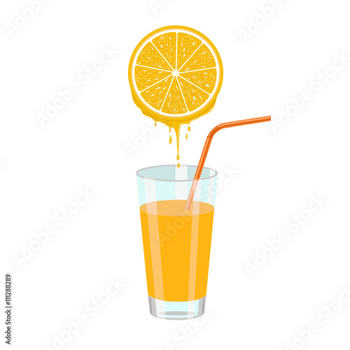 Natural orange juice and orange slice squeezing in glass. Color vector illustration isolated on white background