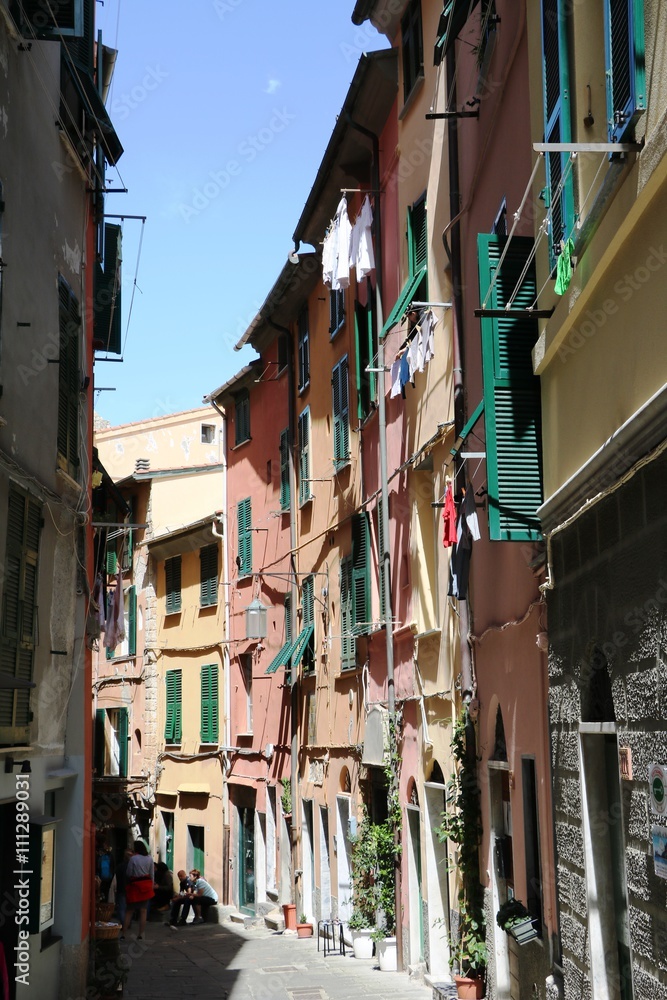 Narrow old alley in Porto Venere at Ligurian sea, Italy