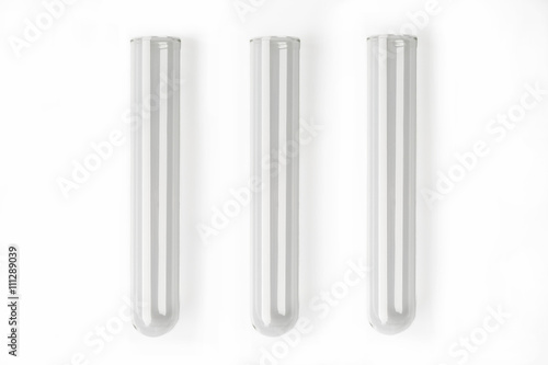 Three glass transparent test tube on white background