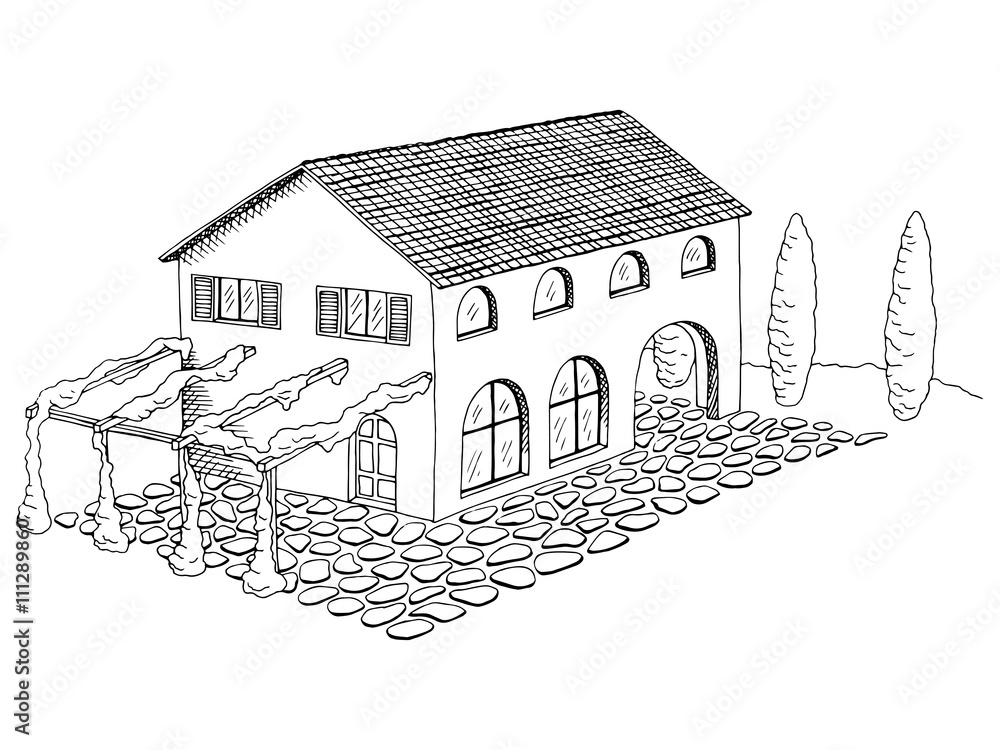 Village villa house graphic art black white landscape illustration vector