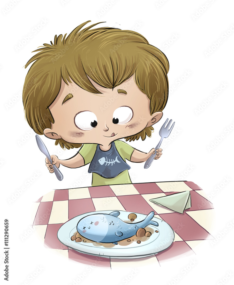 niño comiendo pescado Stock Illustration | Adobe Stock