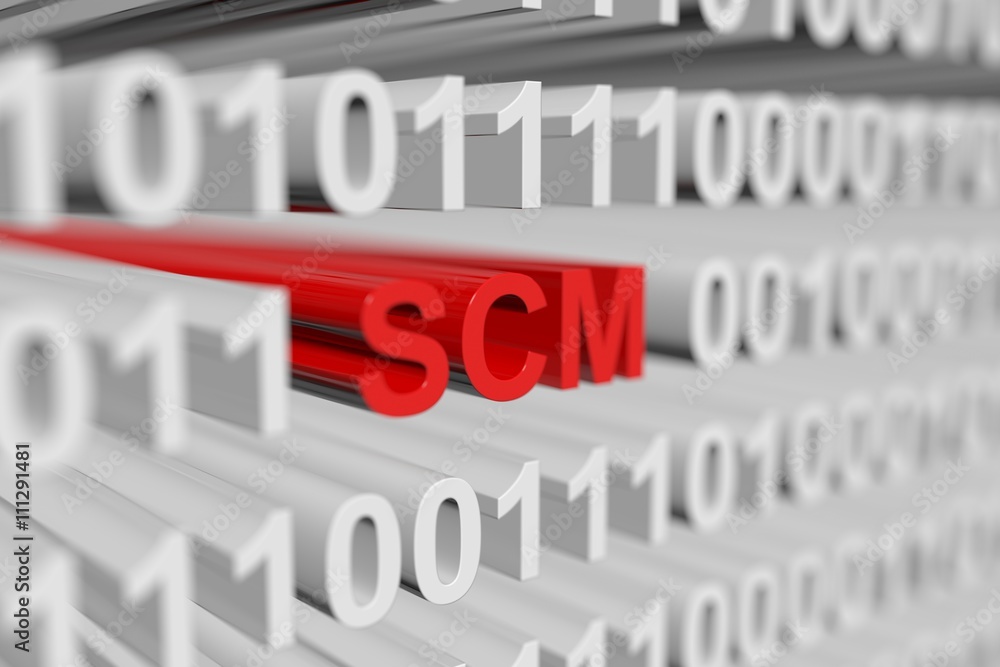 SCM as a binary code with blurred background 3D illustration