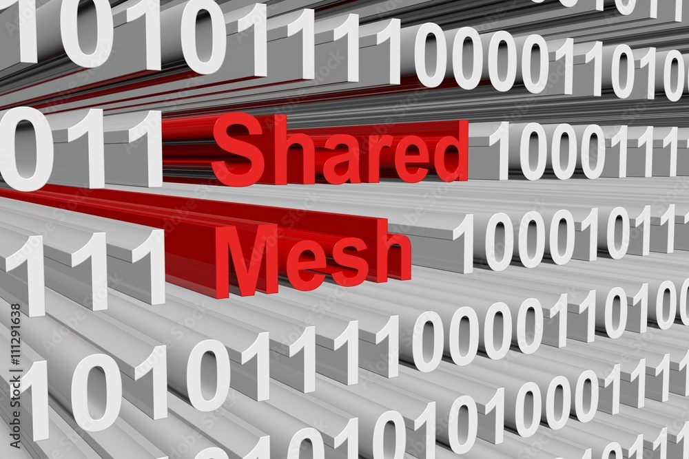 Shared mesh in the form of binary code, 3D illustration