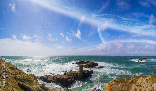 Fototapeta Naklejka Na Ścianę i Meble -  View of distant planet system from cliffs