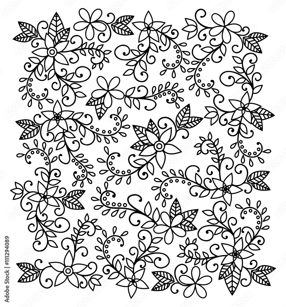 Hand-drawn monochrome floral pattern for coloring book for adults. Vector.
