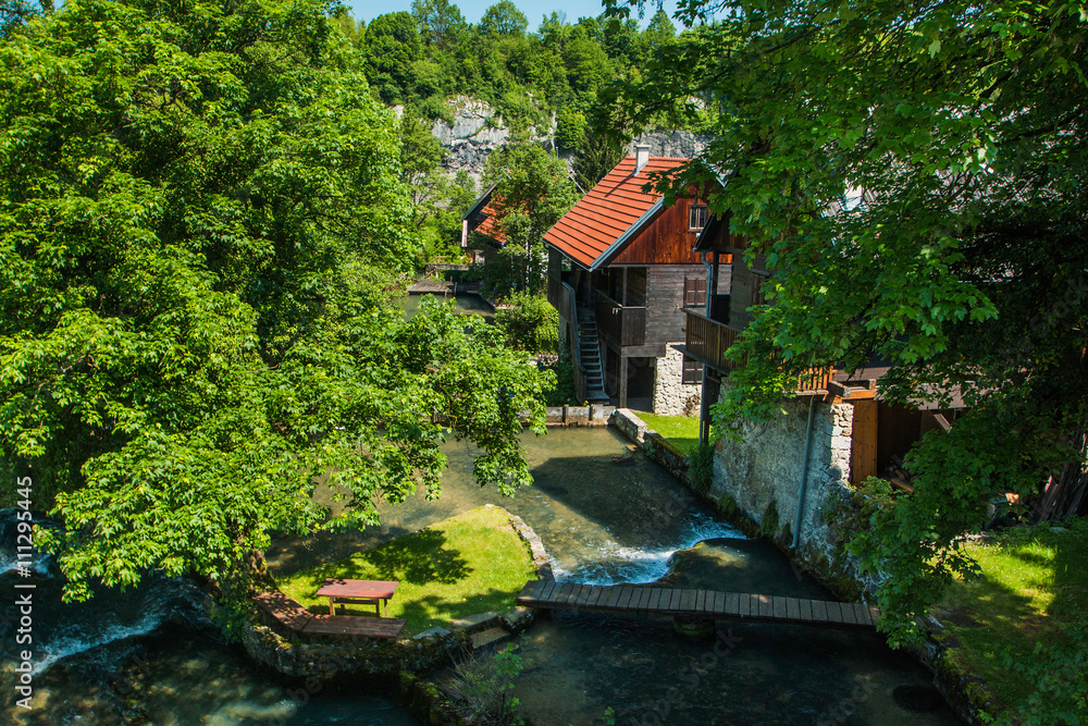 Beautiful village of Rastoke near Slunj in Croatia, river Slunjcica, old water mills on waterfalls