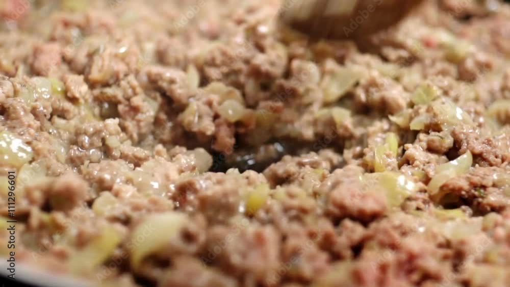 Preparing minced meat gravy sauce on a Teflon pan

