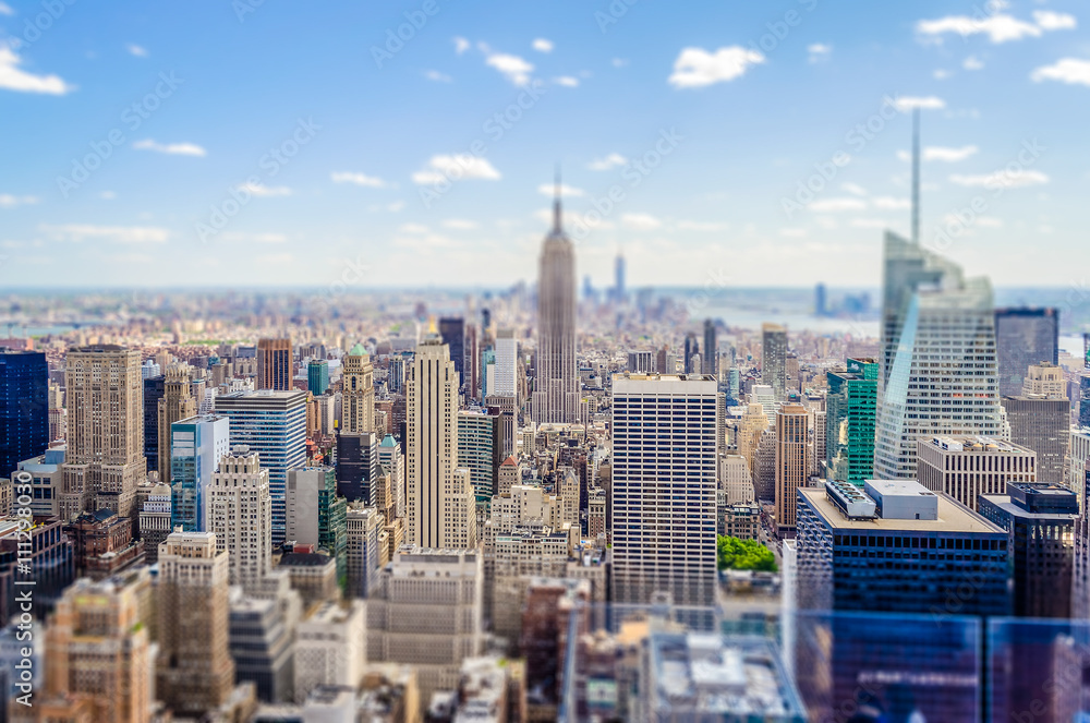 Aerial view of Manhattan skyline. Tilt-shift effect applied