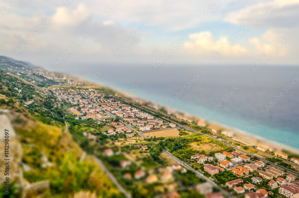 Aerial view of coastline in Calabria, Italy. Tilt-shift effect applied 