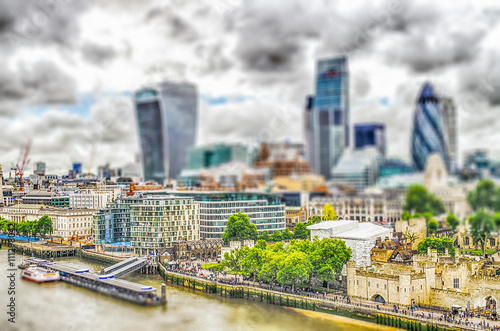 Aerial view of the London City Skyline. Tilt-shift effect applied