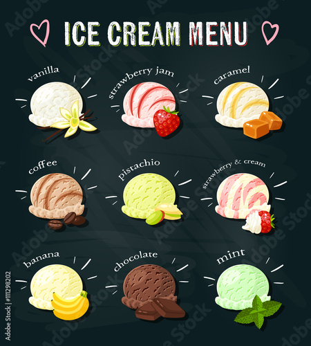 Set of cartoon food on chalkboard: ice cream with different flavours - vanilla, strawberry, caramel, coffee, banana, pistachio, chocolate and mint. Vector illustration. © mything