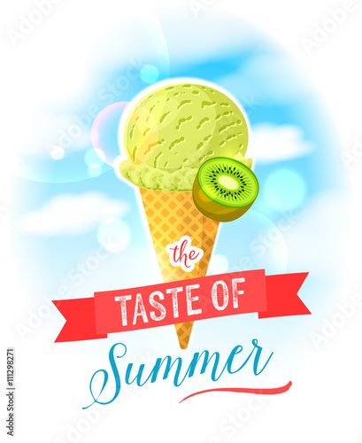 The taste of summer. Bright colorful poster with kiwi ice cream cone on the sky background. Design template for AD/promo/menu/flyer. Vector illustration eps10 isolated on white isolated on white
