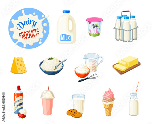 Set of cartoon food: dairy products - milk, yogurt, cheese, butter, milkshake, ice cream, whipped cream and so. Vector illustration, isolated on white.