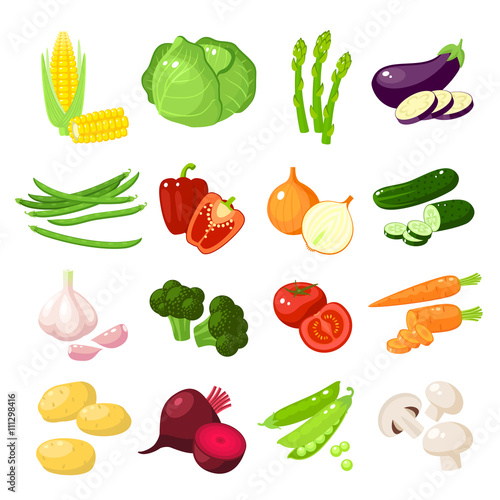 Set of cartoon food: vegetables - corn, cabbage, asparagus, eggplant, green bean, bell pepper, onion, cucumber, garlic, broccoli, tomato, carrot, potato and so. Vector illustration, isolated on white.