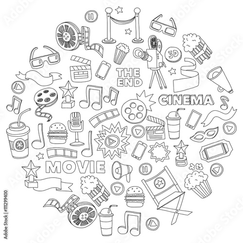 Cinema icons set. Cinema pattern. Cinema icons. Cinema background. Cinema set vector. Cinema set eps. Cinema texture. Cinema set. Filmmaking and movie hand drawn images.