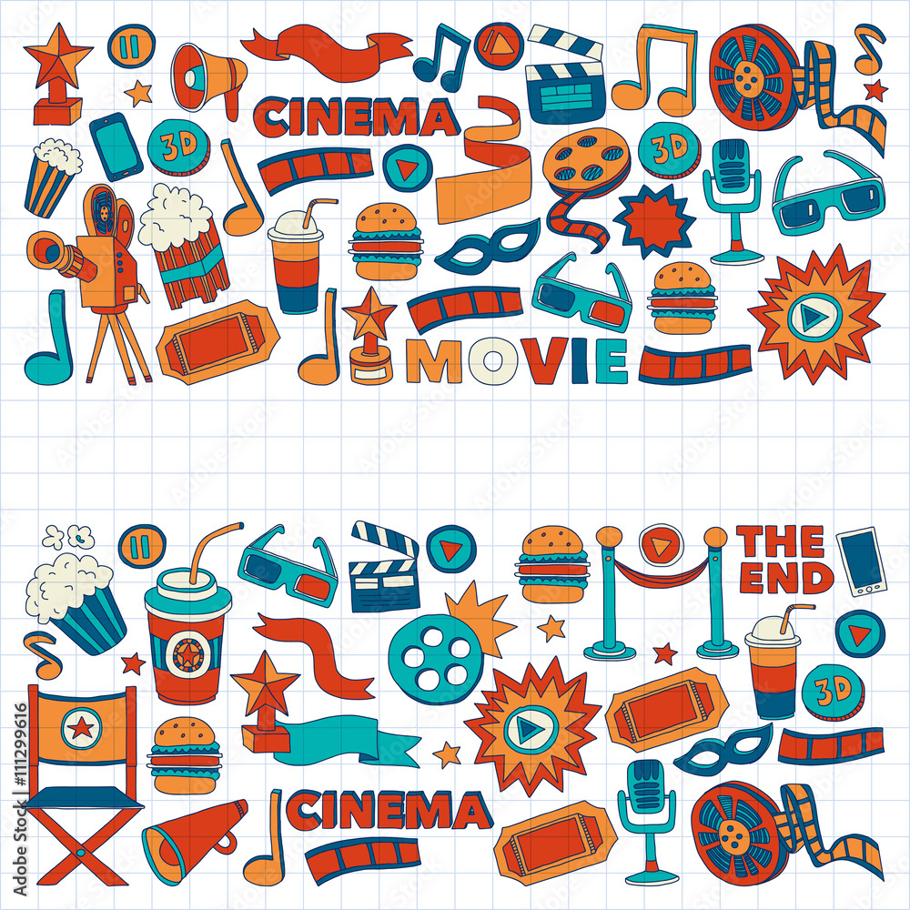 Cinema icons set. Cinema pattern. Cinema icons. Cinema background. Cinema set vector. Cinema set eps. Cinema texture. Cinema set. Filmmaking and movie hand drawn images.
