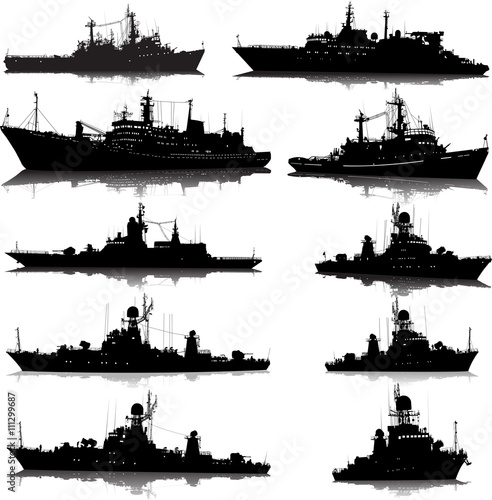 Vector set of 10 silhouettes of the military ship