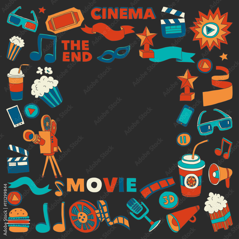 Cinema icons set. Cinema pattern. Cinema icons. Cinema background. Cinema set vector. Cinema set eps. Cinema texture. Cinema set. Filmmaking and movie hand drawn images.