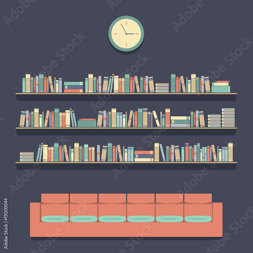Flat Design Reading Seats and Bookshelves Vector Illustration.