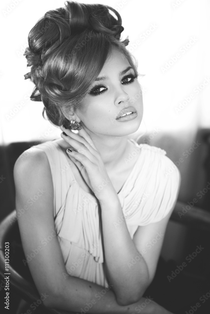 Portrait of Beautiful Blond Woman with Long Hair and Clean Skin. Brigitte Bardot look. Perfect Make-Up and Coiffure Portrait of Beautiful Blond Woman with Long Hair and Clean Skin. Brigitte Bardot look. Perfect Make-Up and Coiffure