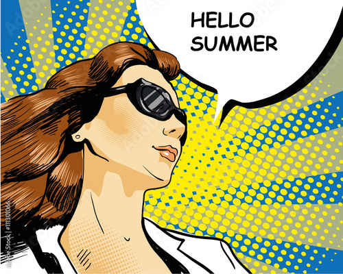 Woman in sunglasses with arrow graph. Vector illustration, comics retro pop art style