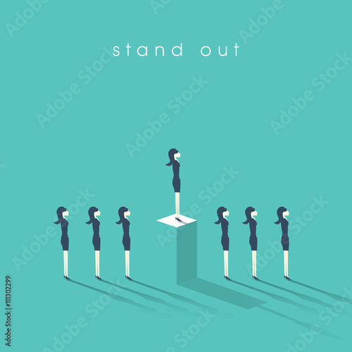 Business woman standing out from the crowd. Businesswoman and concept of equality or inequality in professional corporate work.