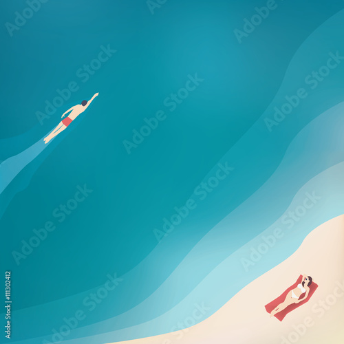 Summer holidays vector illustration with sexy woman in bikini and sea, ocean view from top.
