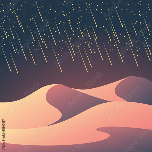 Desert landscape with meteor shower on the night sky. Romantic natural wallpaper for sci-fi or fantasy background
