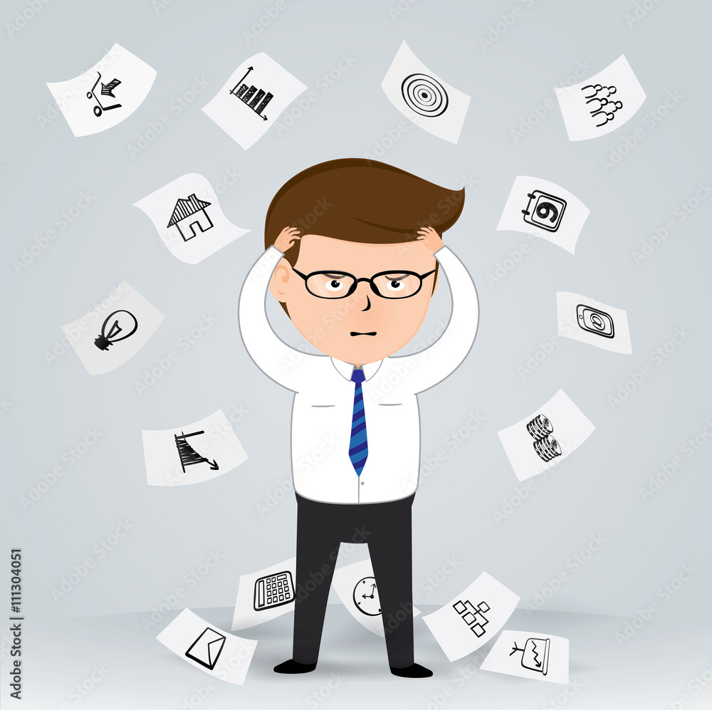 Businessman with a headache against Hand drawn business icons Businessman with a headache against Hand drawn business icons