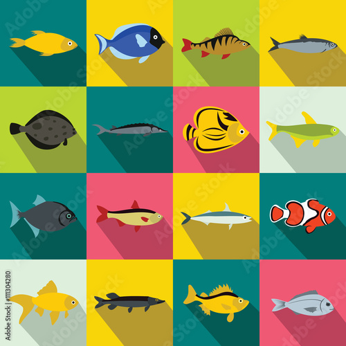 Fish icons set, flat style