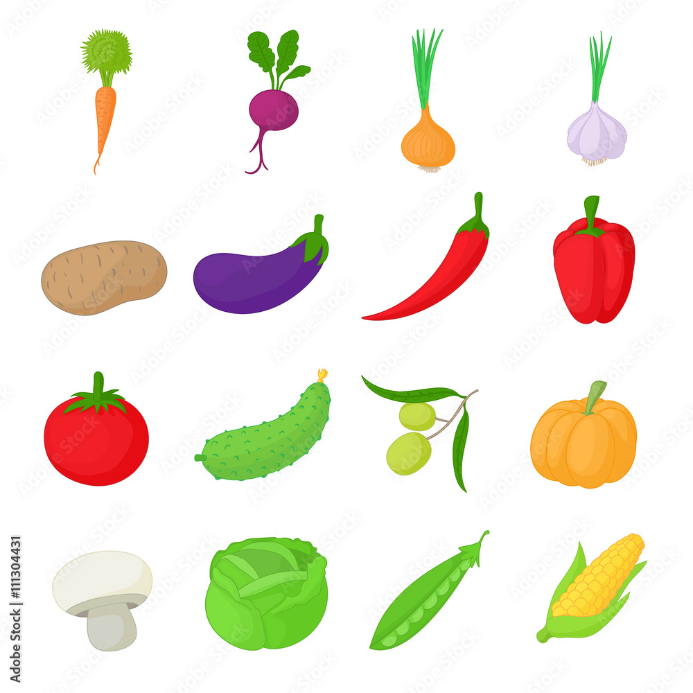 Vegetables icons set, cartoon style Vegetables icons set, cartoon style