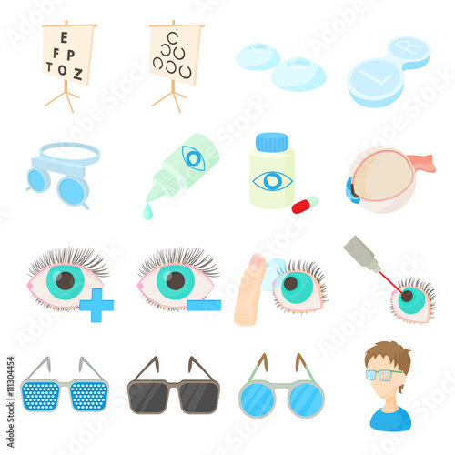 Vision correction icons set, cartoon style